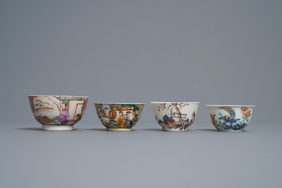 Huit tasses et soucoupes en porcelaine de Chine famille rose, Yongzheng/Qianlong