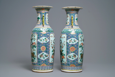 A pair of Chinese famille rose vases with birds among flowers, 19th C.