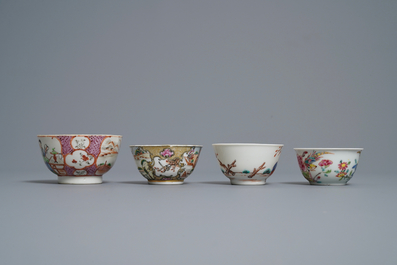 Eight Chinese famille rose cups and saucers, Yongzheng/Qianlong