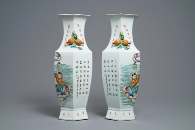 A pair of Chinese hexagonal qianjiang cai 'immortals' vases, signed Wang Qi, dated 1918