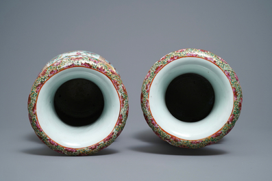 A pair of Chinese Canton famille rose vases and a bowl, 19th C.