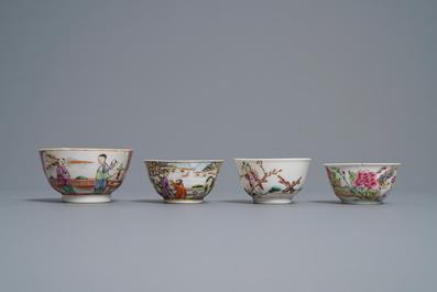 Huit tasses et soucoupes en porcelaine de Chine famille rose, Yongzheng/Qianlong