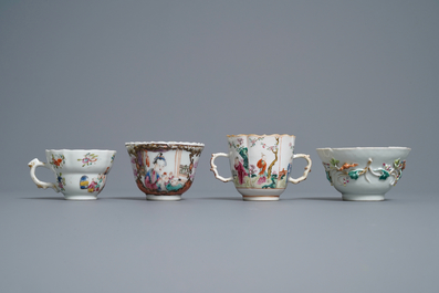 Eight Chinese famille rose cups and saucers, Yongzheng/Qianlong