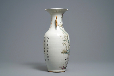 A Chinese qianjiang cai vase with figures and geese, signed Ma Qing Yun, 19/20th C.