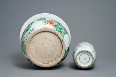 A large Chinese famille verte jardini&egrave;re and a rouleau vase, 19th C.