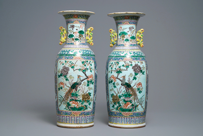 A pair of Chinese famille rose vases with birds among flowers, 19th C.