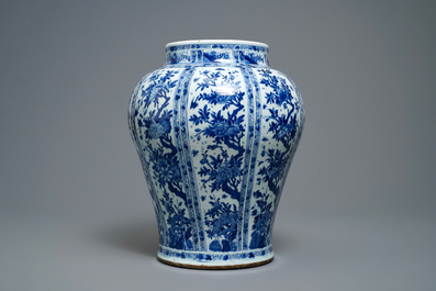 A large Chinese blue and white baluster jar with wooden cover and stand, kangxi