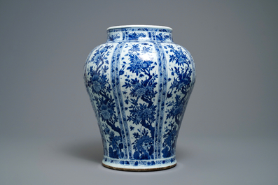 A large Chinese blue and white baluster jar with wooden cover and stand, kangxi