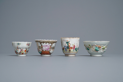 Eight Chinese famille rose cups and saucers, Yongzheng/Qianlong