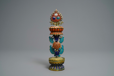 A Chinese inlaid gilt bronze and cloisonn&eacute; Buddhist altar ornament, 19th C.