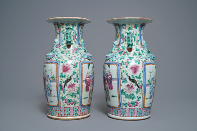 Two pairs of Chinese famille rose vases and a jardini&egrave;re, 19th C.