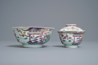 Deux bols et une assiette en porcelaine de Chine famille rose, marque et &eacute;poque de Yongzheng