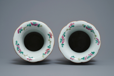 Two pairs of Chinese famille rose vases and a jardini&egrave;re, 19th C.