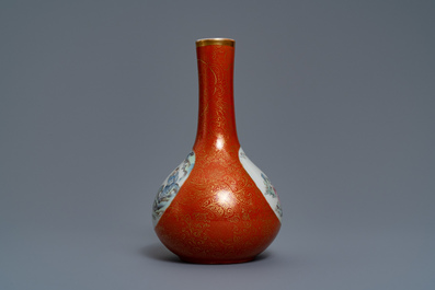 A Chinese famille rose coral-ground vase, Qianlong mark, 19/20th C.