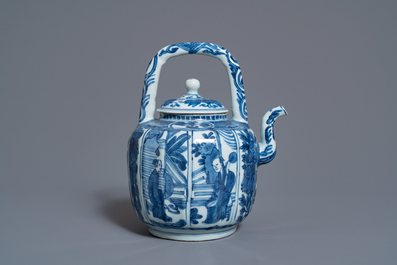 A Chinese blue and white wine ewer with figures, Wanli