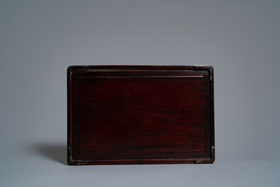 Two Chinese carved wooden trays and a stand, 18/19th C.