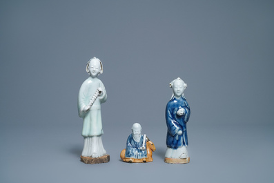 Eight Chinese blue, white and celadon-glazed biscuit models, Qianlong/Jiaqing