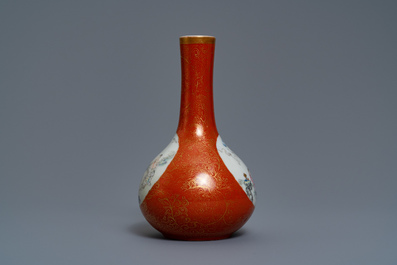 A Chinese famille rose coral-ground vase, Qianlong mark, 19/20th C.