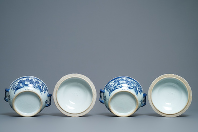 A pair of Chinese blue and white tureens with ladies in a garden, Qianlong