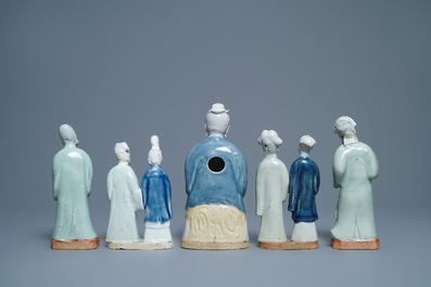 Eight Chinese blue, white and celadon-glazed biscuit models, Qianlong/Jiaqing