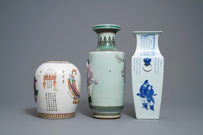 Three Chinese blue and white and famille rose vases, 19th C.