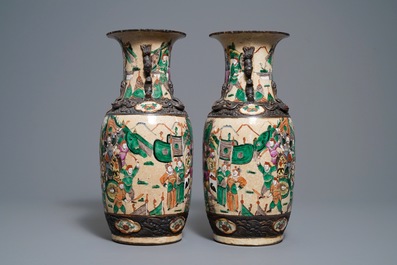 Three pairs of Chinese Canton, famille rose and Nanking vases, 19th C.