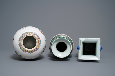 Three Chinese blue and white and famille rose vases, 19th C.