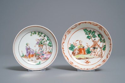 Deux tasses et soucoupes en porcelaine de Chine famille rose &agrave; la cueillette des cerises, Qianlong