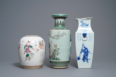 Three Chinese blue and white and famille rose vases, 19th C.