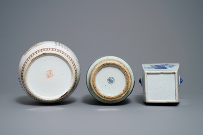 Three Chinese blue and white and famille rose vases, 19th C.