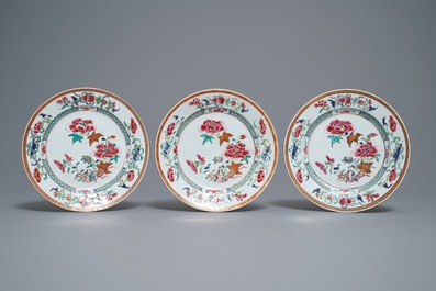 Ten Chinese famille rose 'peony' plates, Qianlong