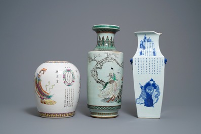 Three Chinese blue and white and famille rose vases, 19th C.