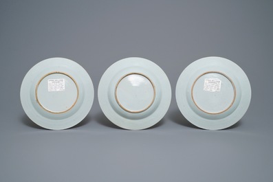 Three Chinese famille rose 'cherry pickers' plates, Qianlong