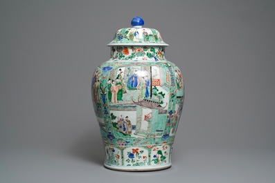 A pair of large Chinese famille verte vases and covers, Kangxi