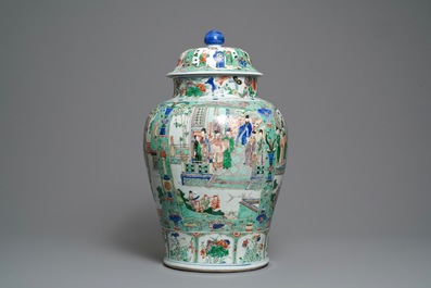 A pair of large Chinese famille verte vases and covers, Kangxi