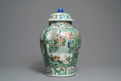 A pair of large Chinese famille verte vases and covers, Kangxi