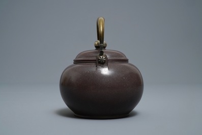 A Chinese Bencharong Thai market polished Yixing stoneware teapot, 19th C.