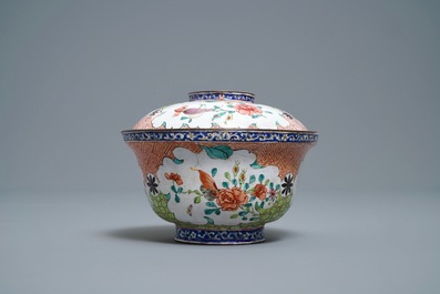 A Chinese Canton enamel covered bowl with flowers and butterflies, Qianlong/Jiaqing