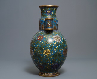 A large Chinese cloisonn&eacute; hu vase with lotus scrolls, marked Qi Yu Bao Tung Chih Chen, 19th C.