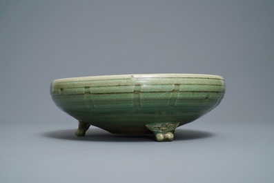 A large Chinese Longquan celadon tripod incense burner, Ming