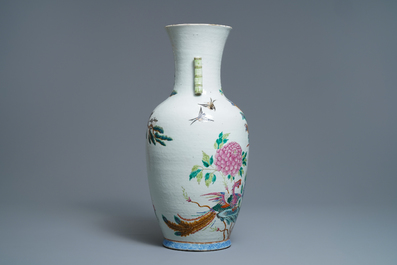 A Chinese famille rose 'phoenix and crane' vase, Qianlong mark, 19th C.
