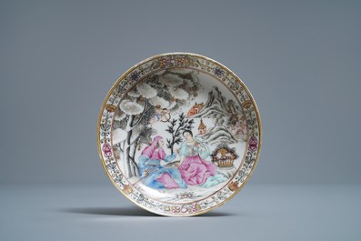 A Chinese famille rose 'amorous couple' cup and saucer, Qianlong