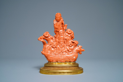 A Japanese carved red coral group of the seven lucky gods on a phoenix boat, Meiji, 19th C.