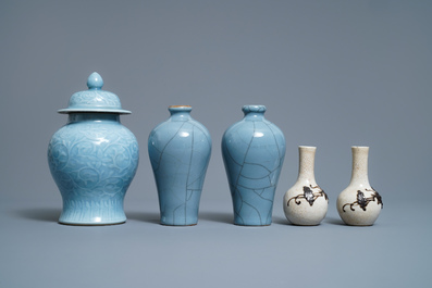 Five Chinese monochrome lavender blue and crackle-glazed vases, 19/20th C.