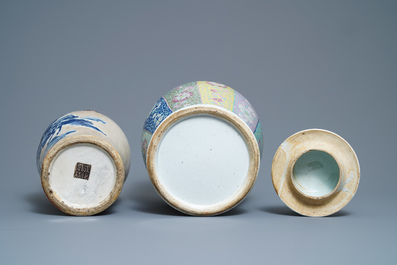 A Chinese famille rose vase with cover and a blue and white crackle-glazed vase, 19th C.