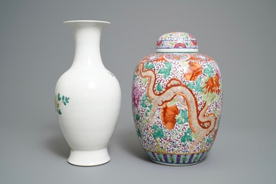 A Chinese famille rose jar and cover and a vase with floral design, 19/20th C.