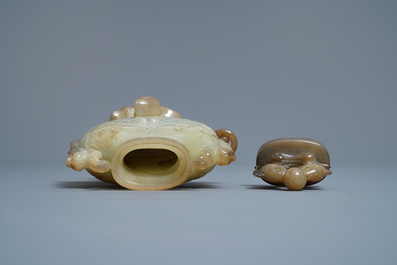 A Chinese jade 'twin fish' vase and a russet jade model of a dog, 19/20th C.
