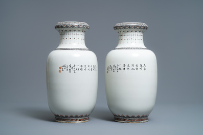 A pair of Chinese polychrome vases with birds of prey, signed Cheng Yiting (1885-1948), dated 1931