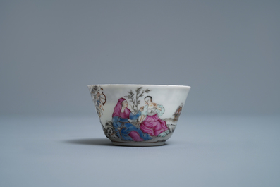 A Chinese famille rose 'amorous couple' cup and saucer, Qianlong