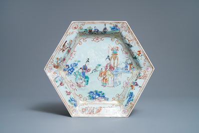 A Chinese hexagonal famille rose 'mandarin' tureen and cover on stand, Qianlong